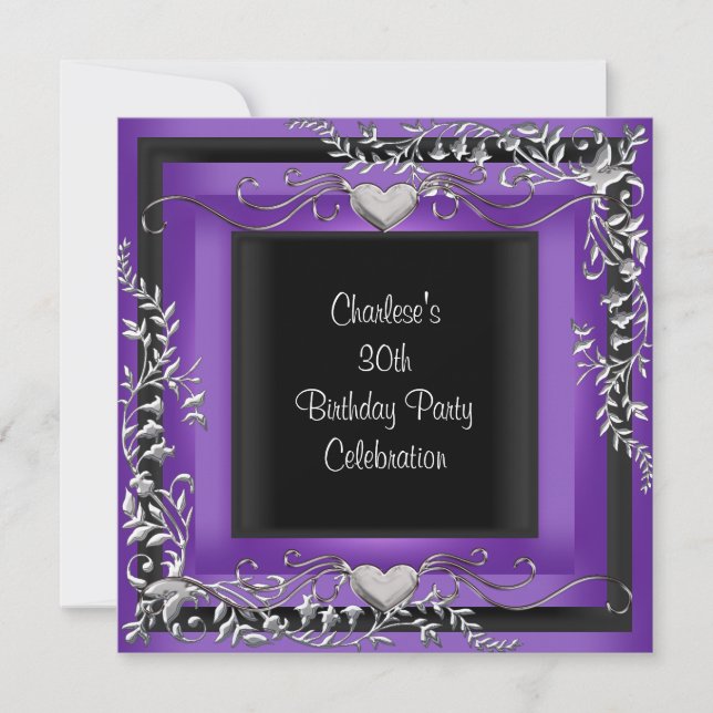 30th Birthday Party Silver Purple Invitation (Front)