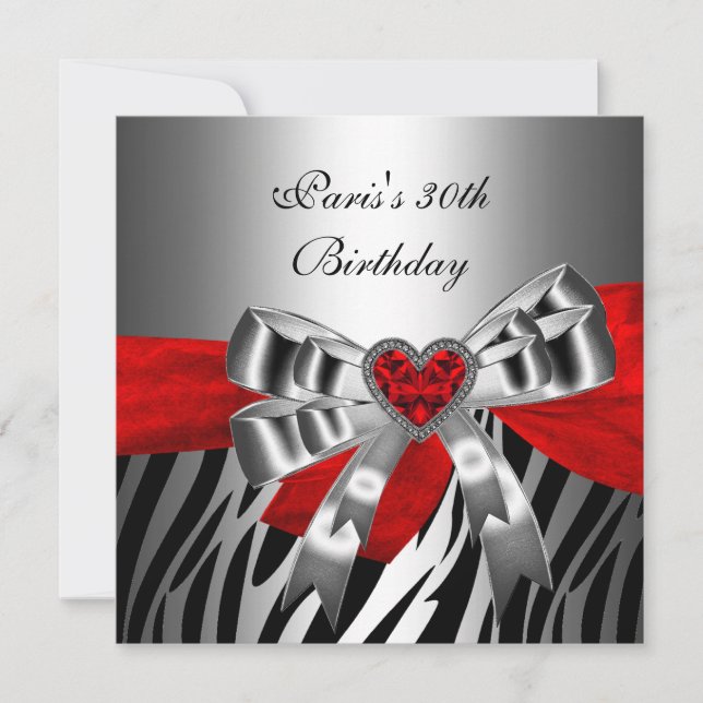 30th Birthday Party Silver Red Black Zebra Invitation (Front)