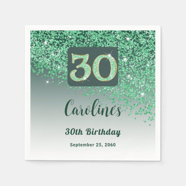 30th Birthday Party Sparkle Green Glitter Napkin (Front)