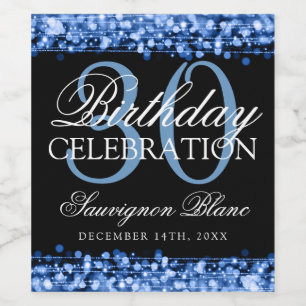 30th Birthday Party Sparkles Blue Wine Label