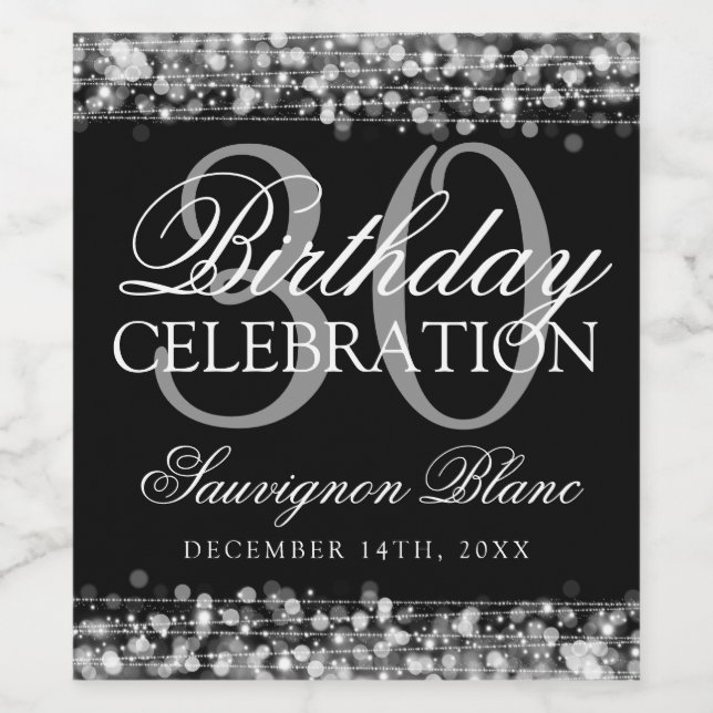 30th Birthday Party Sparkles Silver Wine Wine Label (Single Label)