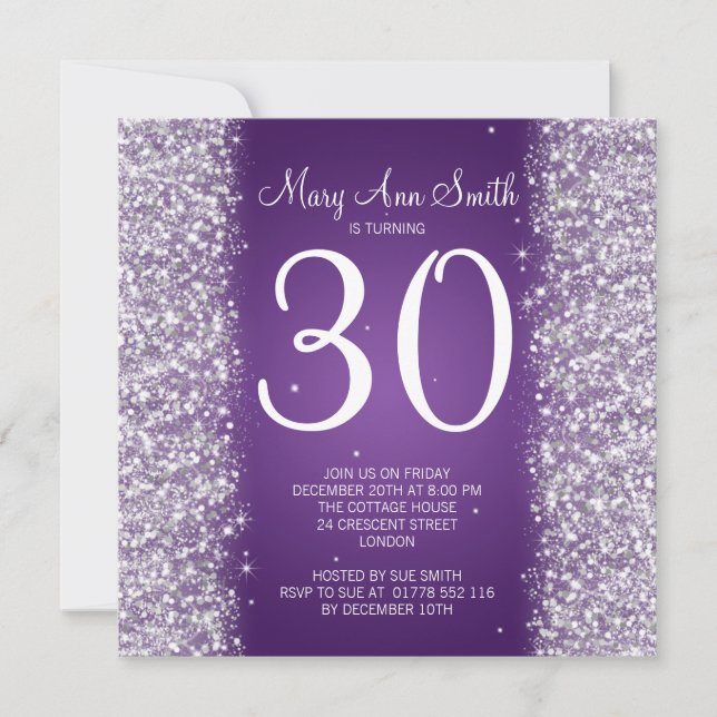 30th Birthday Party Sparkling Glitter Purple Invitation (Front)