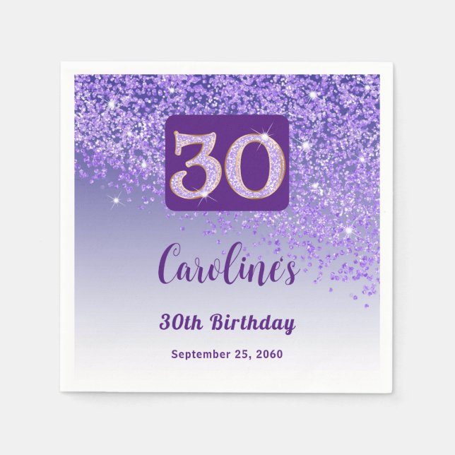 30th Birthday Party Sparkling Purple Glitter Napkin (Front)