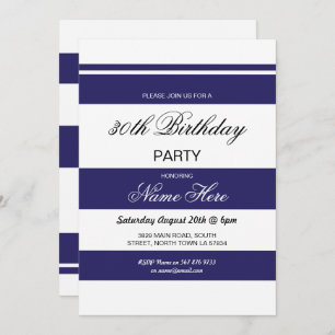 30th Birthday Party Stripe Navy & White Invite 40