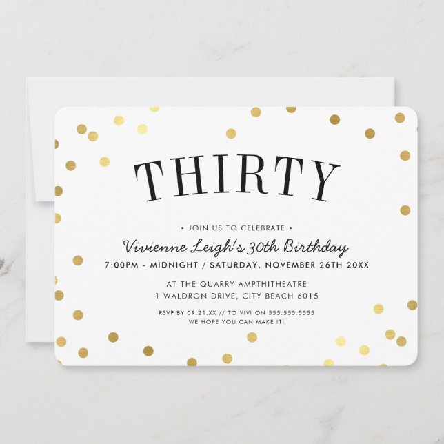30TH BIRTHDAY PARTY stylish gold confetti spots Invitation (Front)