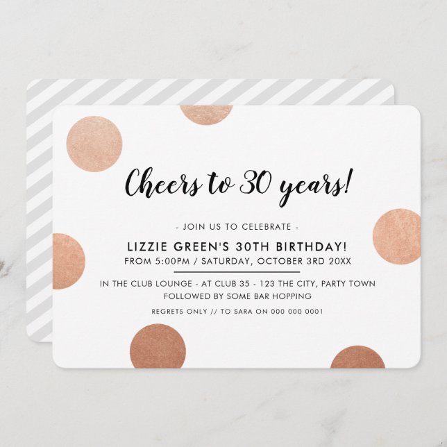 30TH BIRTHDAY PARTY stylish rose gold polka dots Invitation (Front/Back)