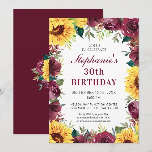 30th Birthday Party Sunflower Burgundy Rose Border Invitation (Front/Back)