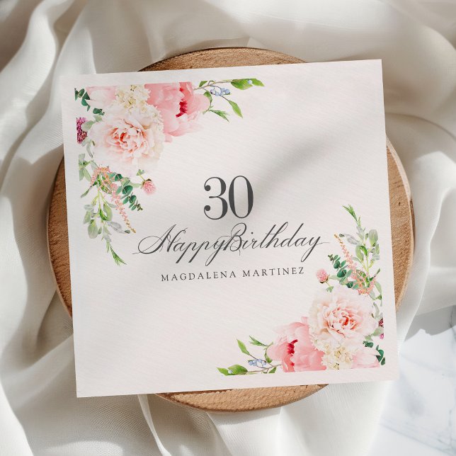 30th Birthday Party Supplies Pink Floral Custom Napkin (Creator Uploaded)