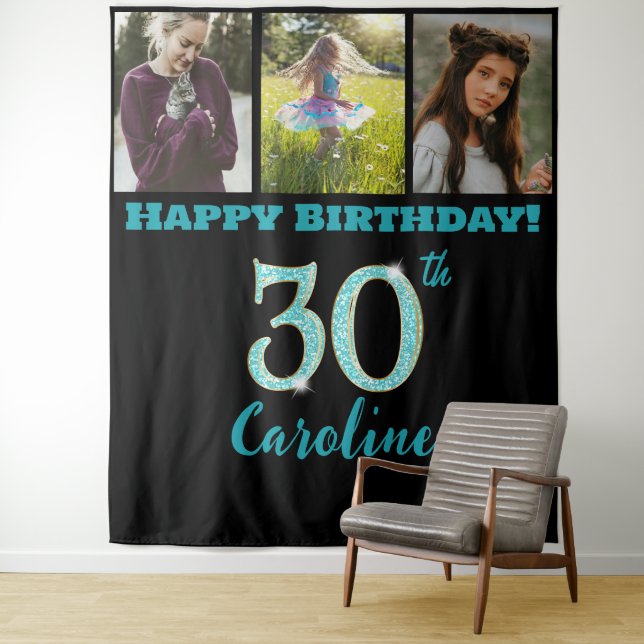 30th Birthday Party, Teal Blue Glitter & 3 photos Tapestry (In Situ)