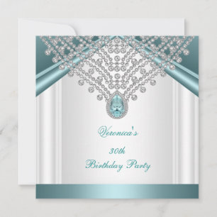 30th Birthday Party Teal Blue White Diamonds Invitation