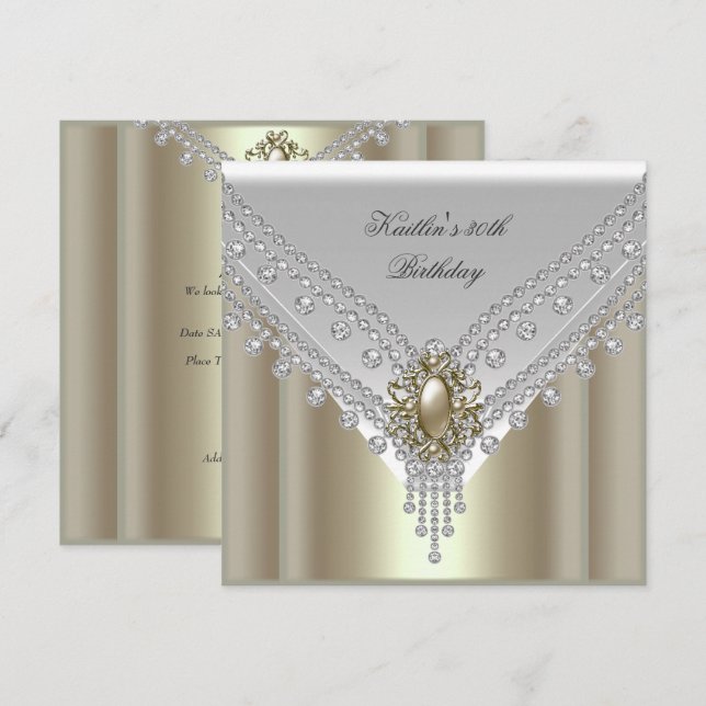 30th Birthday Party White Cream Pearl Diamond Invitation (Front/Back)