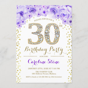 30th Birthday Party - White Gold Purple Invitation