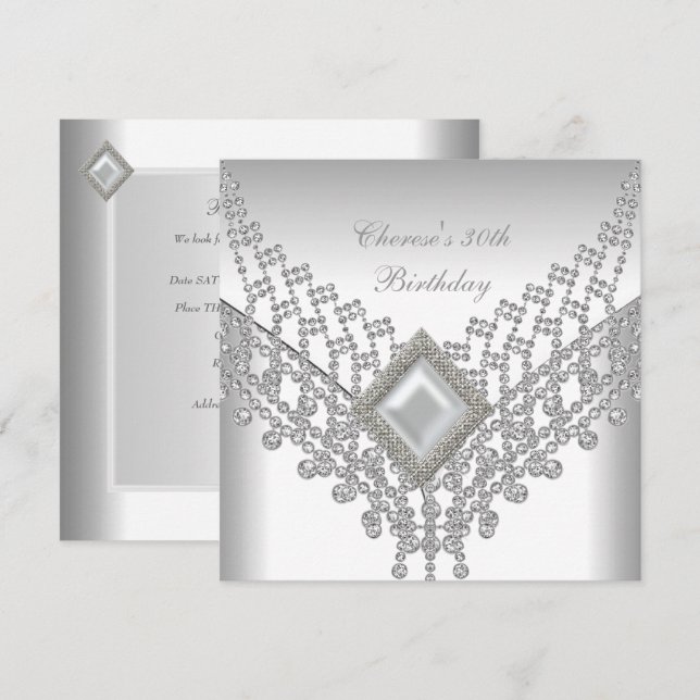 30th Birthday Party White Pearl Diamond Jewel Invitation (Front/Back)