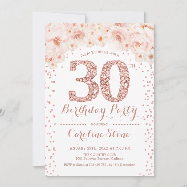 30th Birthday Party - White Rose Gold Invitation (Front)