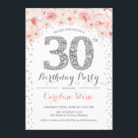 30th Birthday Party - White Silver Pink Invitation<br><div class="desc">30th Birthday Party Invitation
Elegant design in faux glitter silver,  pink and white. Stylish floral invitation with diamonds and roses. Perfect for a glam celebration. Please message me if you need further customization.</div>