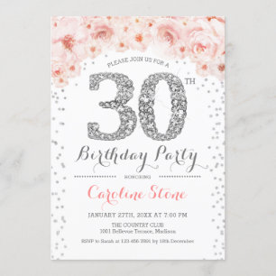 30th Birthday Party - White Silver Pink Invitation