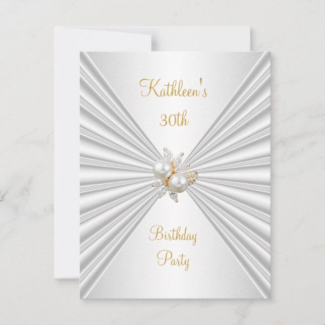 30th Birthday Party White Silver Silk Pearl Jewel Invitation (Front)