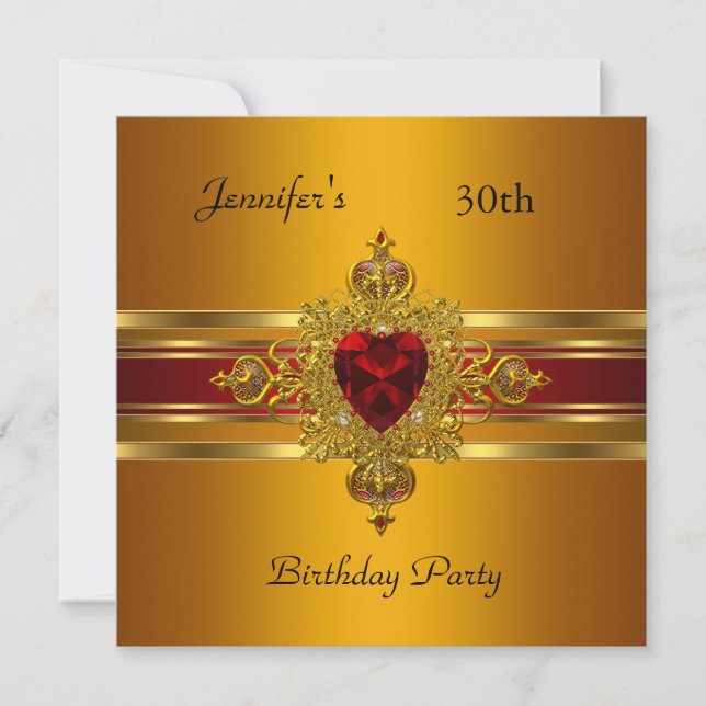 30th Birthday Party Yellow Gold Red Jewel Invitation (Front)