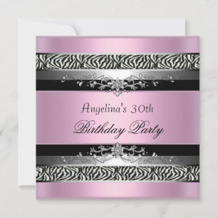 30th Birthday Party Zebra Black Silver Pink Invitation