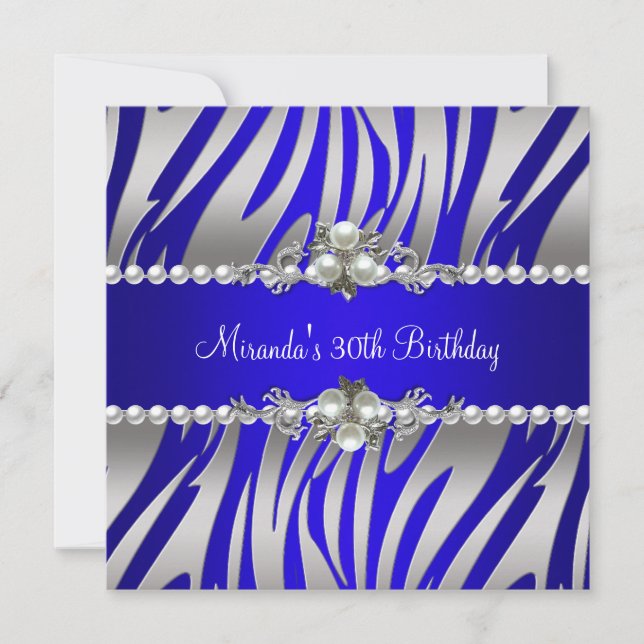 30th Birthday Party Zebra Blue Pearl Silver Invitation (Front)