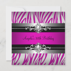 30th Birthday Party Zebra Hot Pink Silver Black Invitation