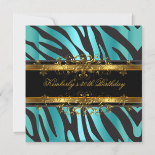 30th Birthday Party Zebra Teal Blue Gold Black Invitation