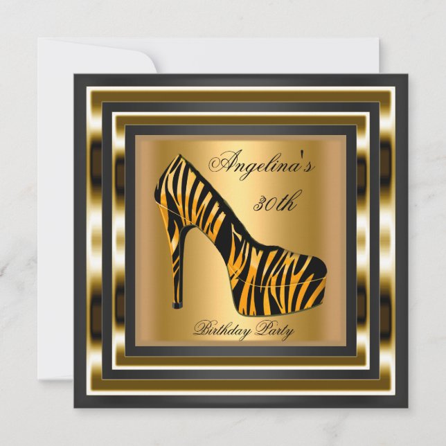 30th Birthday Party Zebra Wild Black Gold Shoe Invitation (Front)
