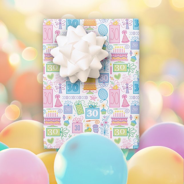 30th Birthday Pastel Pink Cake Presents Balloons Wrapping Paper Sheet (Creator Uploaded)