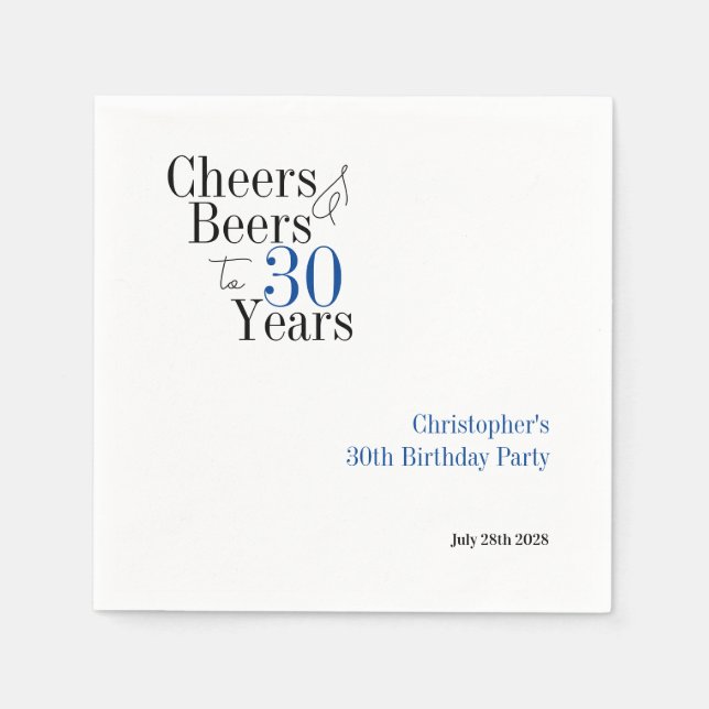 30th Birthday Personalised Cheers Beers Party Napkin (Front)
