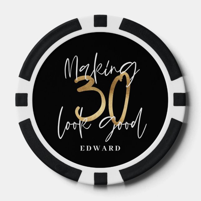 30th birthday personalised favour gift black gold poker chips (Front)