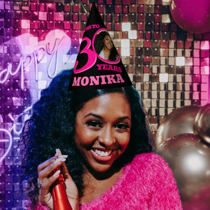 30th birthday personalised photo pink black party hat