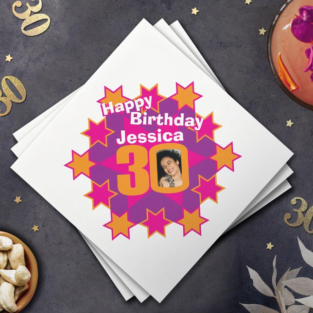 30th birthday photo and name pink star napkins (Creator Uploaded)