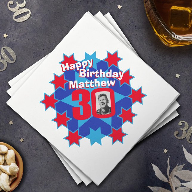30th birthday photo and name red star napkins (Creator Uploaded)