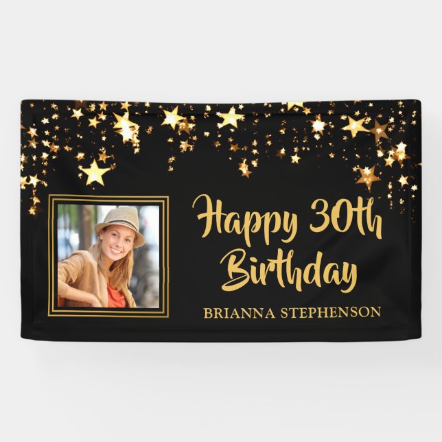 30th Birthday Photo Black Gold Stars Personalised Banner (Horizontal)