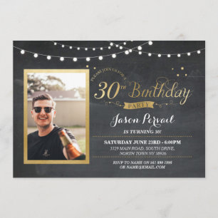 30th Birthday Photo Chalk Rustic Gold Invitation