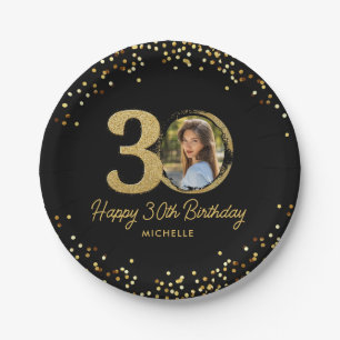 30th Birthday Photo Chic Black Gold Glitter Custom Paper Plate