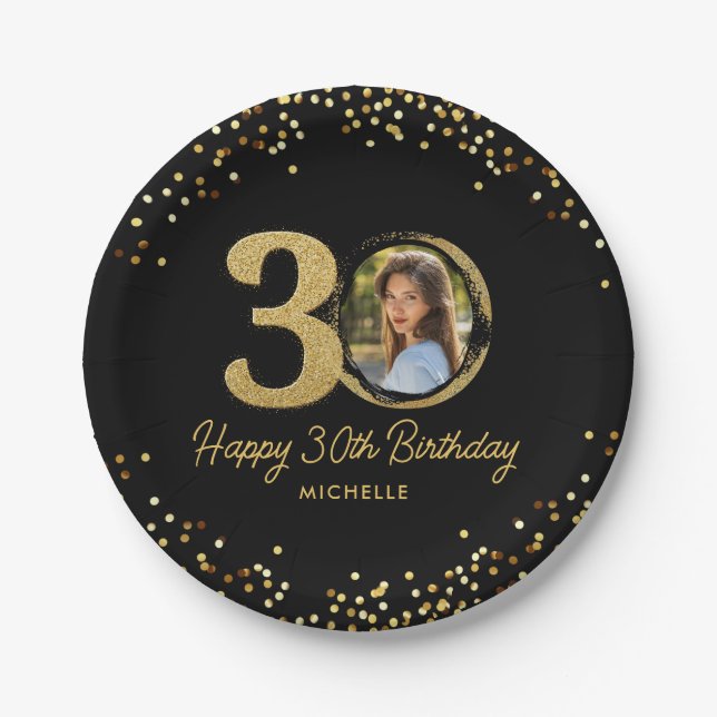 30th Birthday Photo Chic Black Gold Glitter Custom Paper Plate (Front)