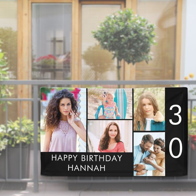 30th Birthday Photo Collage 5 Picture Black White Banner (Creator Uploaded)