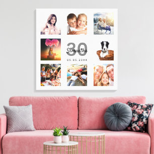 30th birthday photo collage white monogram canvas print
