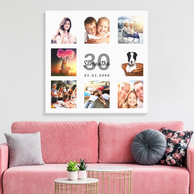 30th birthday photo collage white monogram canvas print (Insitu(LivingRoom))