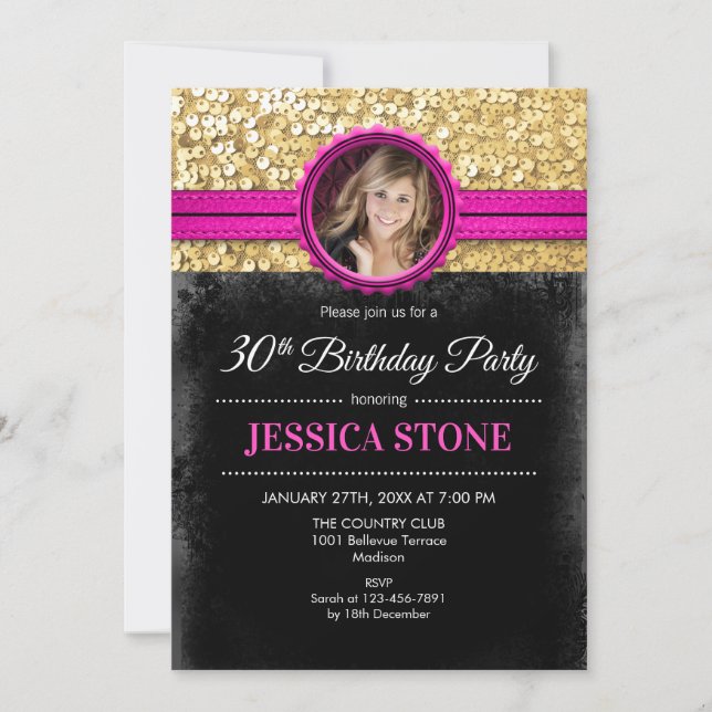 30th Birthday Photo - Gold Black Hot Pink Invitation (Front)