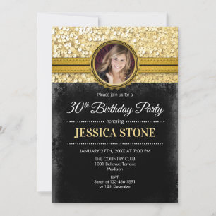 30th Birthday Photo - Gold Black Invitation