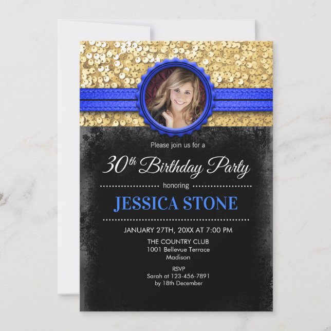 30th Birthday Photo - Gold Black Royal Blue Invitation (Front)
