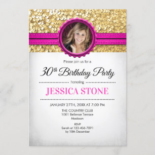 30th Birthday Photo - Gold White Hot Pink Invitation