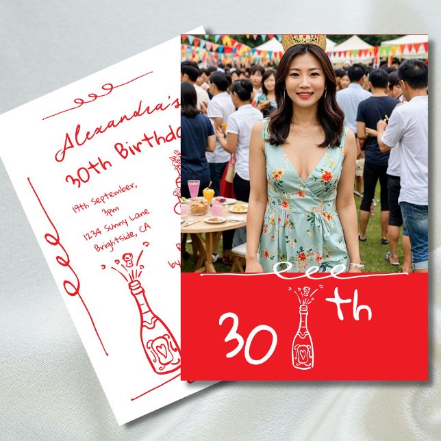30th Birthday Photo Hand Drawn Red White Whimsical Invitation (Creator Uploaded)
