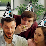 30th birthday photo personalised white black party hat<br><div class="desc">Bold add your own photo and name party hat. Ideal for a special 30th birthday party celebration. Classic black and white design. Other matching birthday items and colour options are available.  Original graphic art and design by www.mylittleeden.com</div>