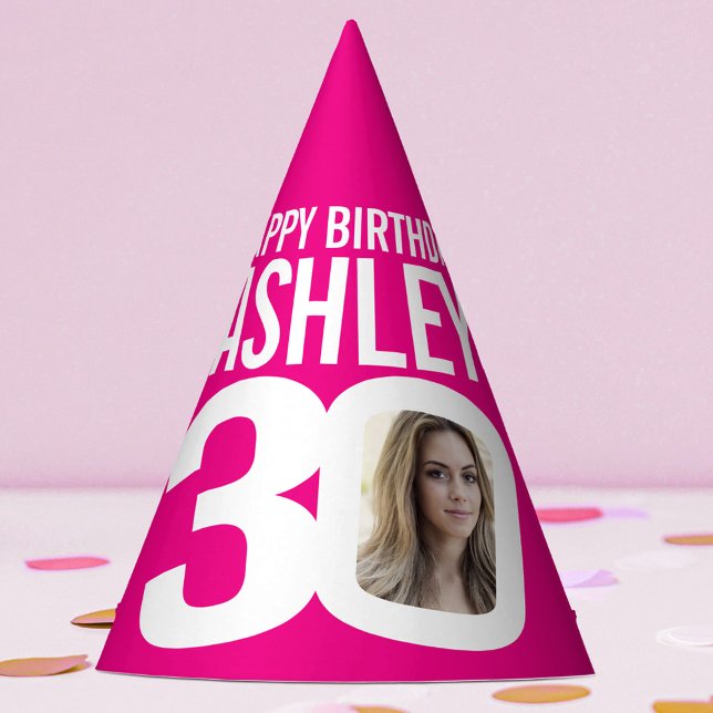 30th birthday photo personalised white hot pink party hat (Creator Uploaded)