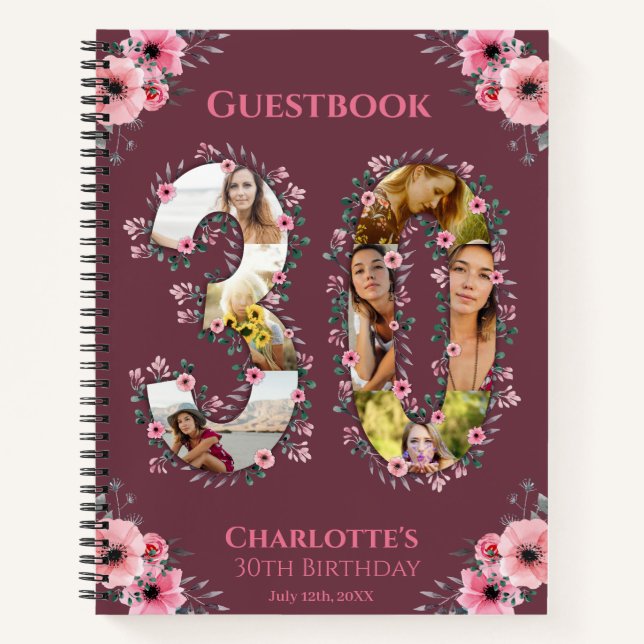 30th Birthday Photo Pink Flower Woman Guest Book (Front)
