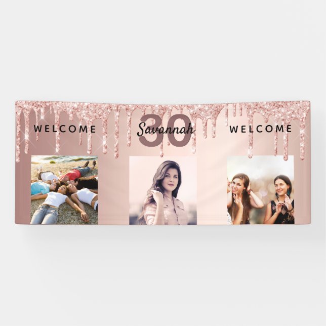 30th birthday photo rose gold glitter sparkle banner (Horizontal)