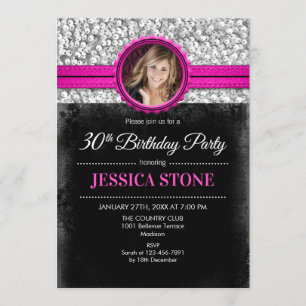 30th Birthday Photo - Silver Black Hot Pink Invitation